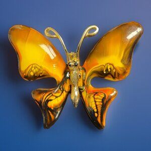 Vintage Emmons Butterfly Figural Enamel Gold-Tone Brooch Orange Black Yellow